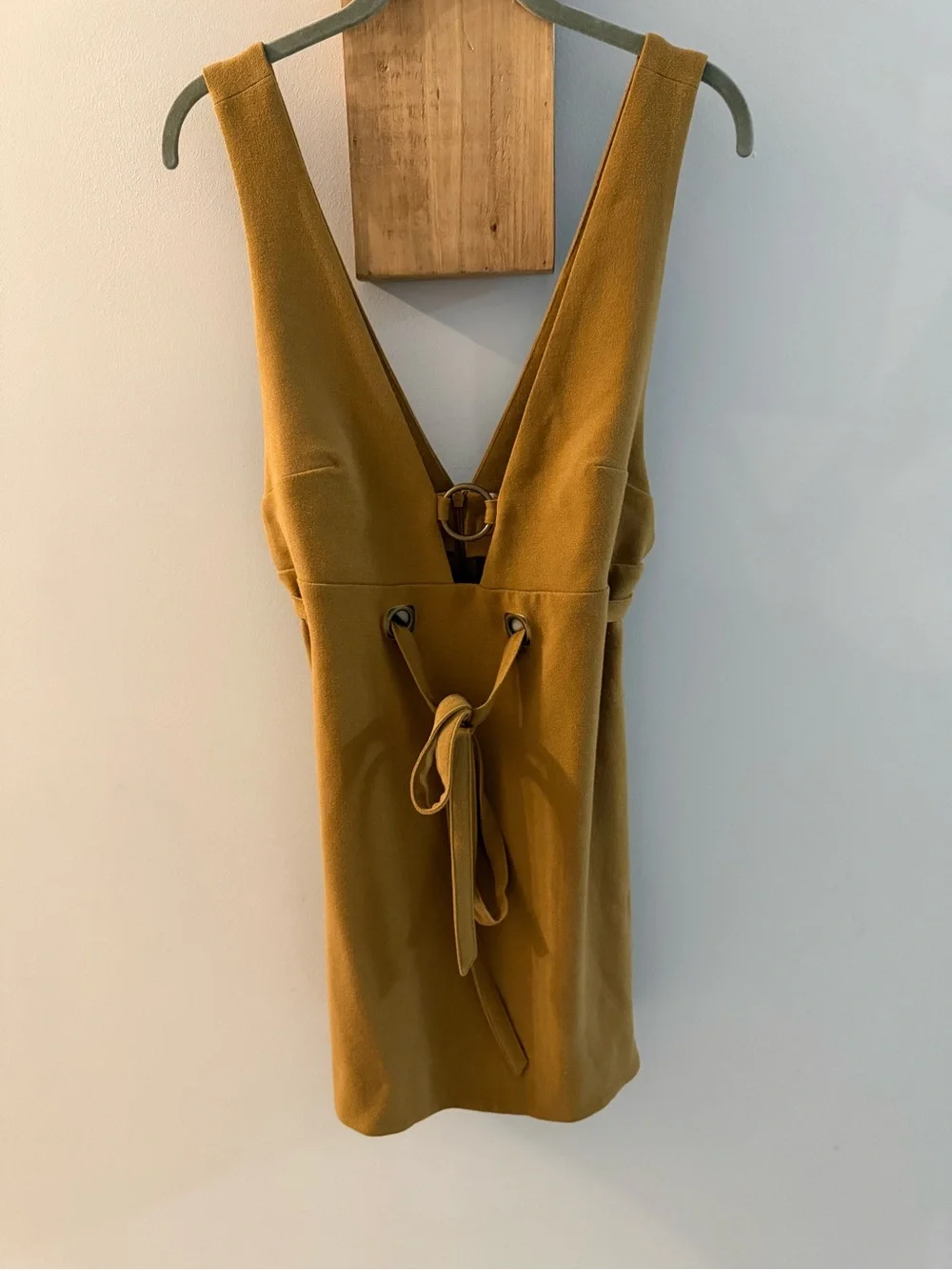 FREE PEOPLE Mustard-Brown Suede Feel Deep-V Dress w Grommets & Tie Waist, S
